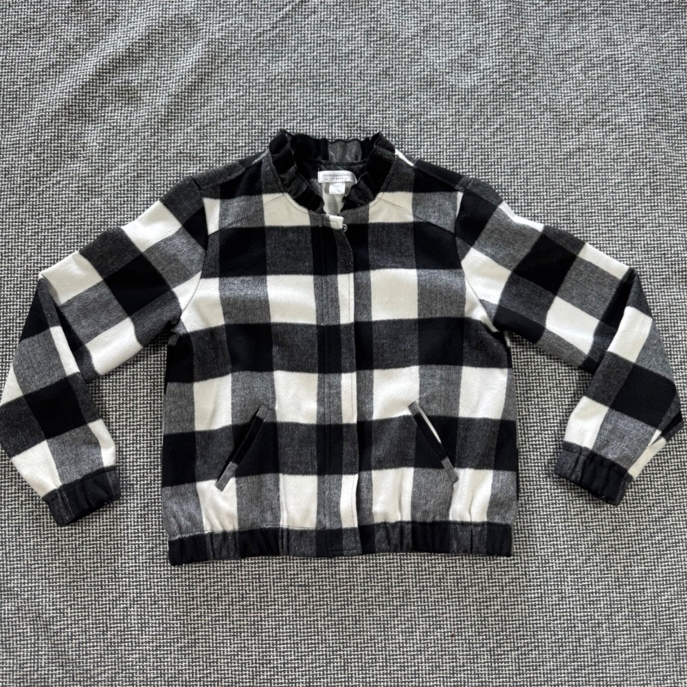 Christopher & Banks Petite Small Buffalo Plaid Ruffle Collar Zip Fleece Jacket